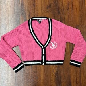 Playboy Cropped Cable Knit Varsity Cardigan Pink XS Y2K